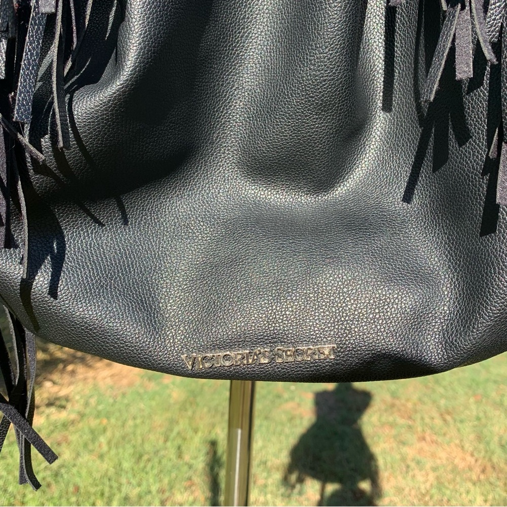 Victoria’s Secret Black Faux Leather Fringe Bucket Bag Backpack Purse - Picture 6 of 12